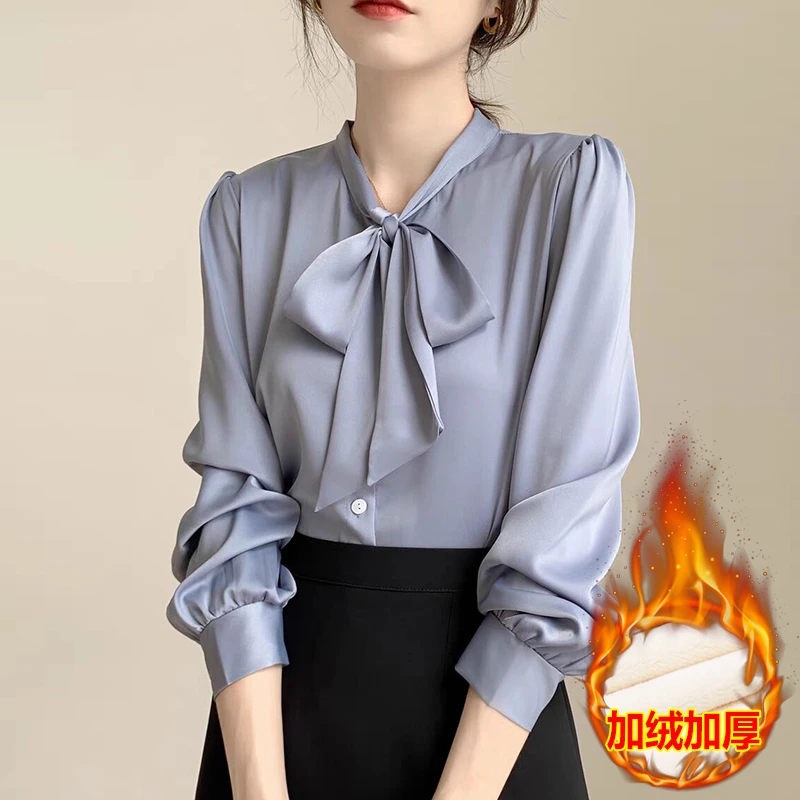 蝴蝶结系带加绒衬衫女秋冬内搭设计感小众职业气质衬衣缎面上衣服