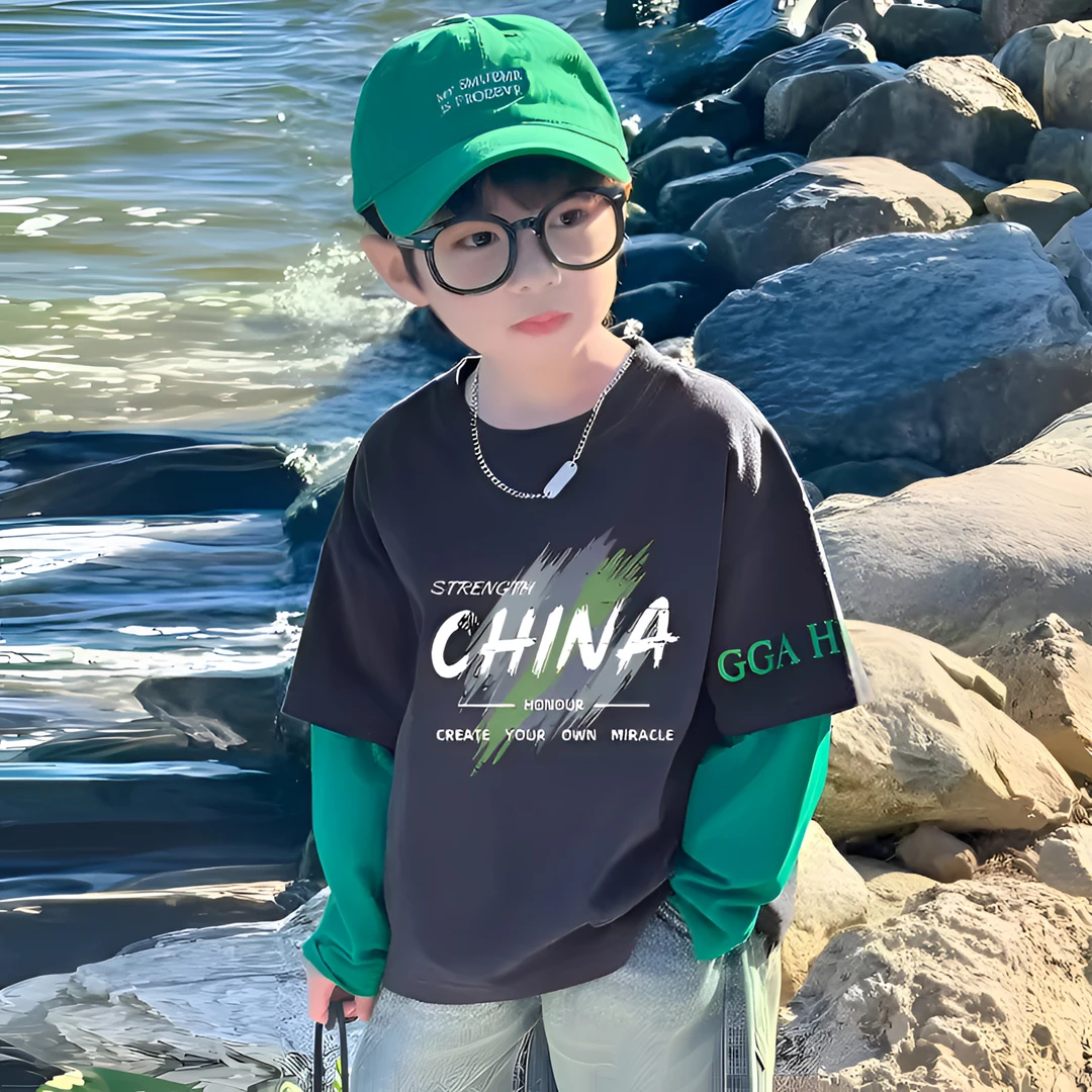 【纯棉】儿童秋装长袖T恤2025新款中大童拼色春秋宽松上衣男孩童装t