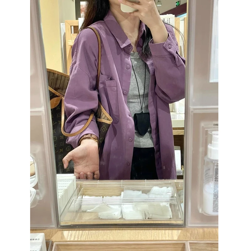 韩系紫色水洗纯棉衬衫女男春秋季美式慵懒风宽松休闲气质衬衣外套