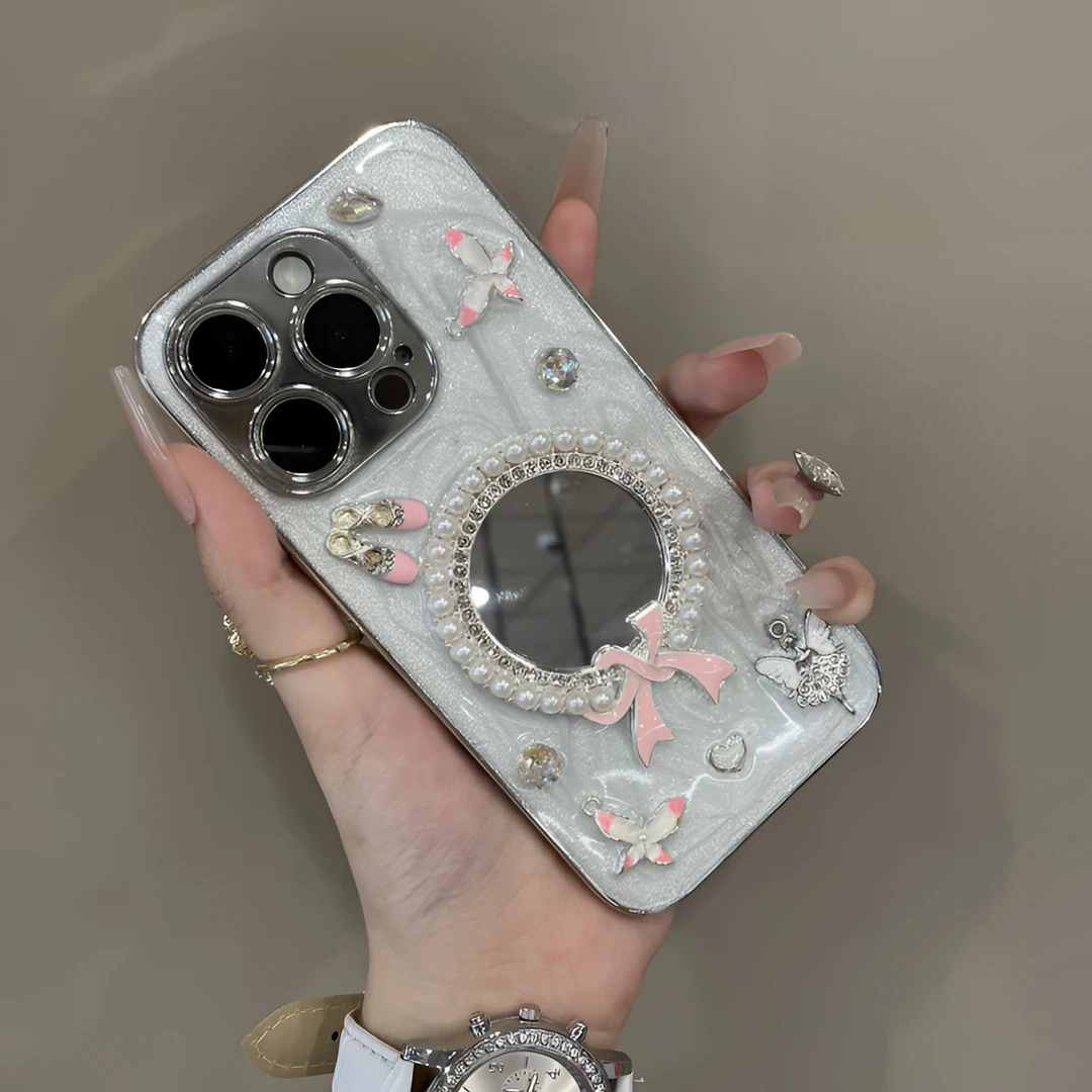ins轻奢滴胶蝴蝶结闪钻镜子适用iPhone16手机壳15pro高级感14/13