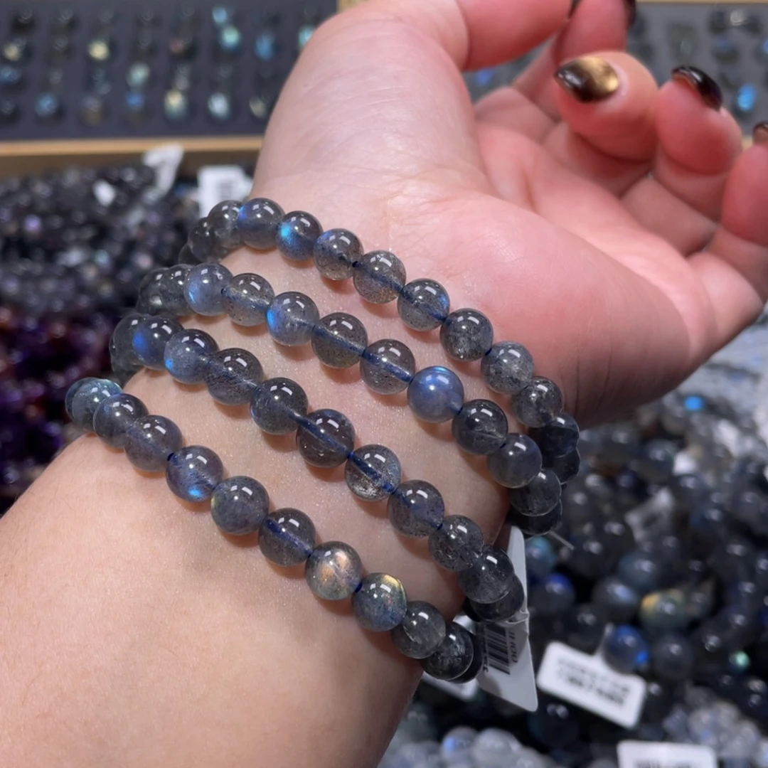 拉长石手链未镶嵌黑体灰月光手链7.5mm捡漏价