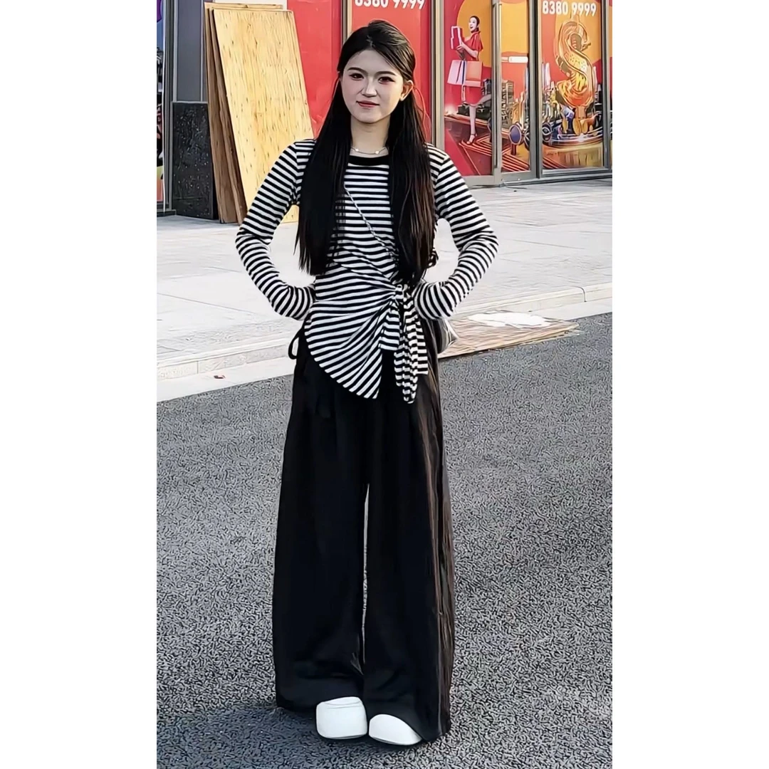 YOO[韩系风]不规则褶皱系带条纹长袖阔腿裤两件套886一