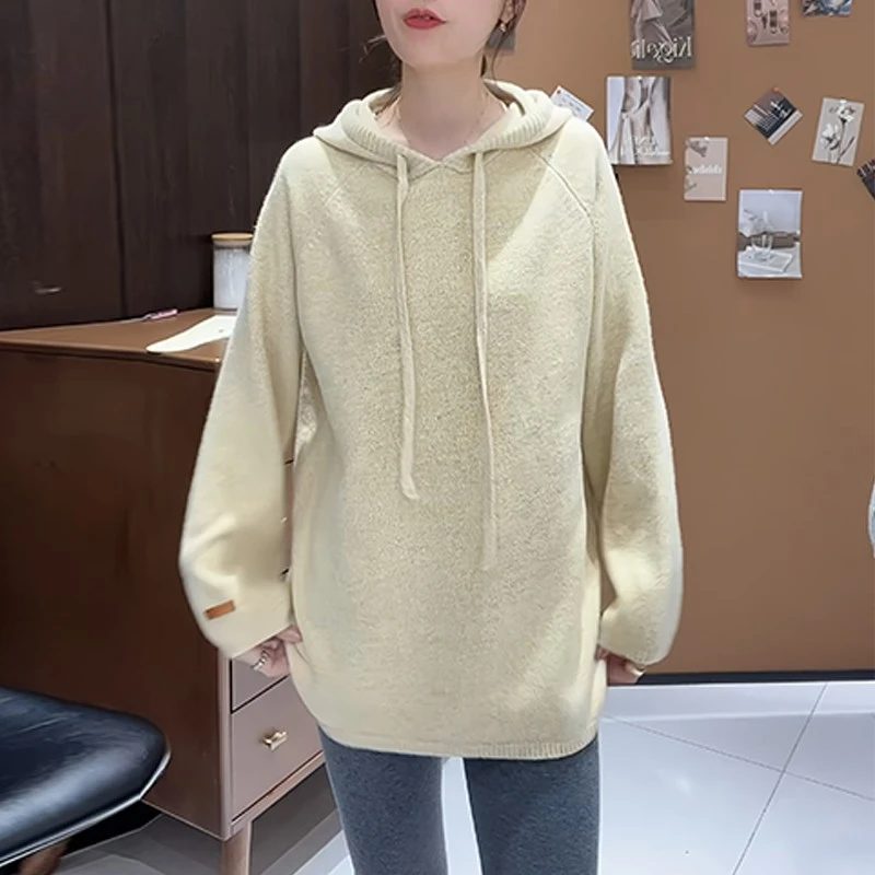 韩系慵懒连帽长袖针织衫女2025秋冬新款气质软糯宽松外穿毛衣外套