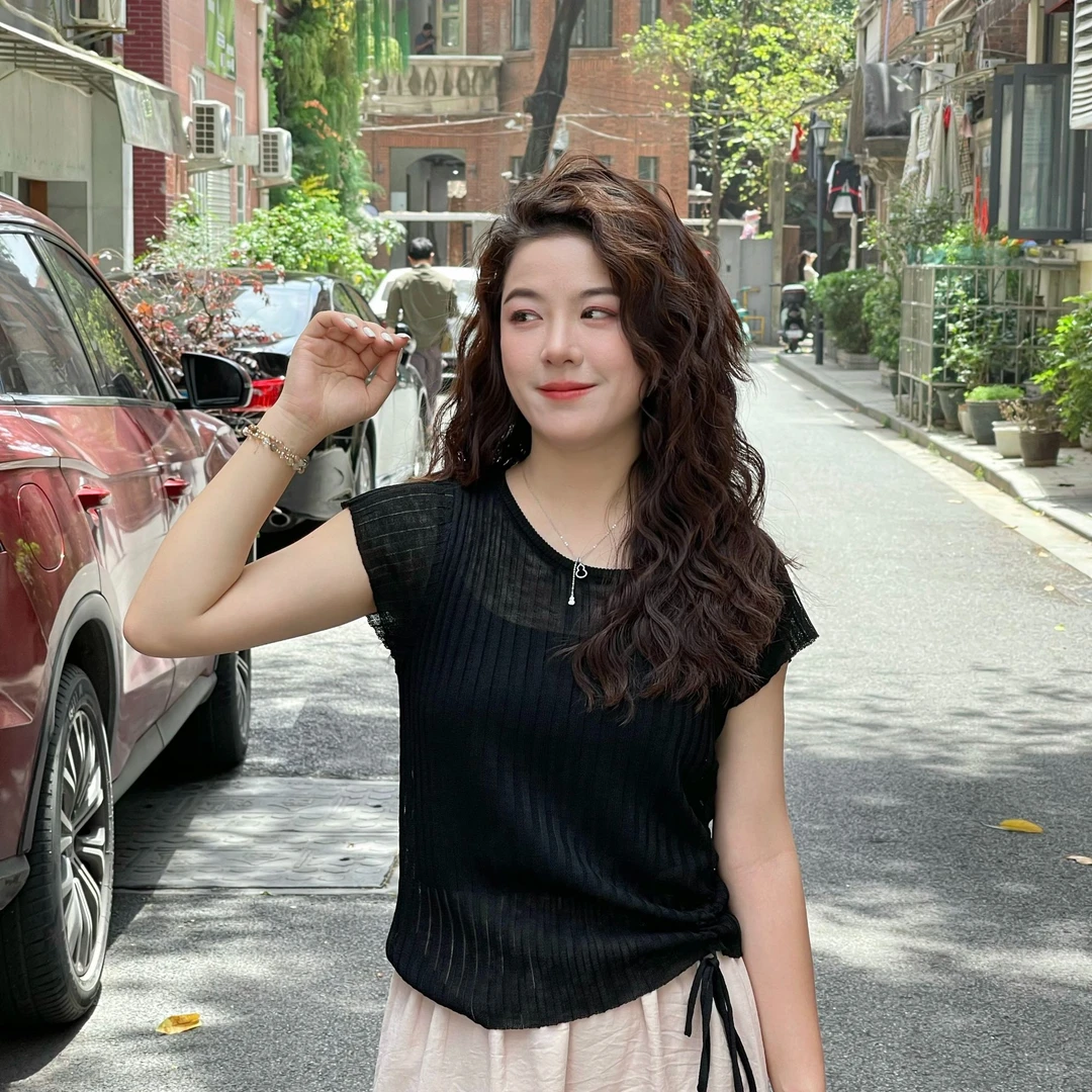WenWen小个子韩系抽褶短袖针织衫夏季新款2025系带洋气小衫薄3736