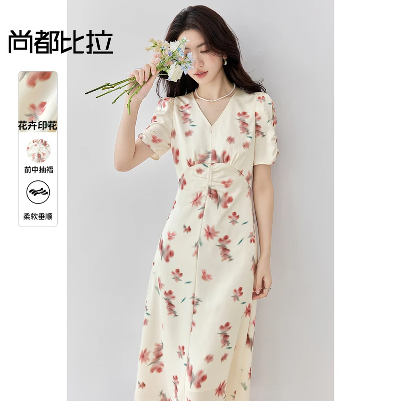 抽褶显瘦V领泡泡袖高腰设计修身碎花印花连衣裙F1730