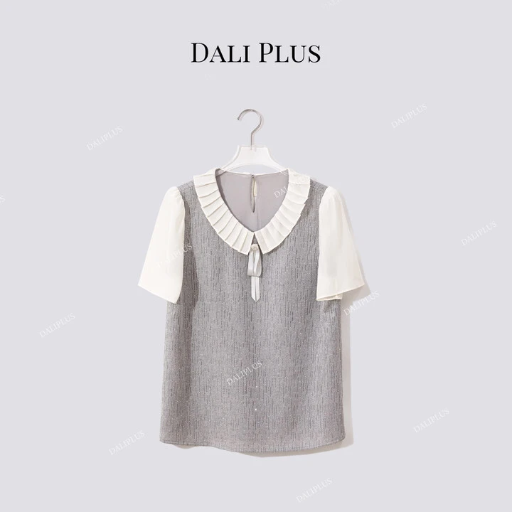 DALI PLUS“假两件”重磅桑蚕丝压褶领 灰白蝴蝶结衬衫-D5ST1280