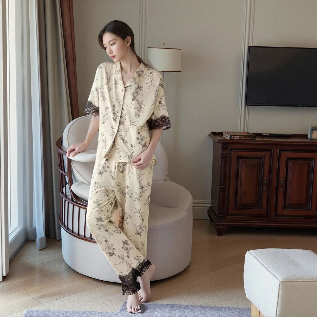 美韵岛｜秋季新款莫代尔棉睡衣女宽松短袖蕾丝长裤国风设计家居服