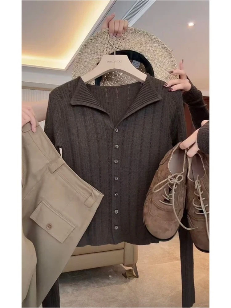 高级感竖条纹长袖修身显瘦设计感针织衫女士秋季新款百搭开衫上衣