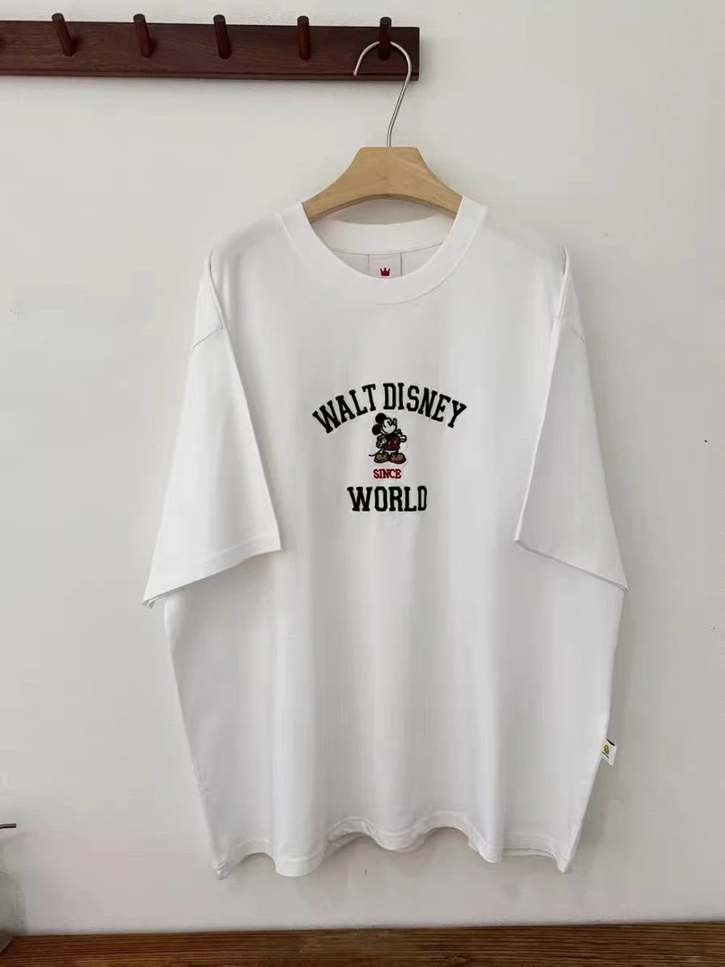 皇冠2025春夏韩版卡通米奇字母刺绣百搭中长款全棉圆领短袖T恤女