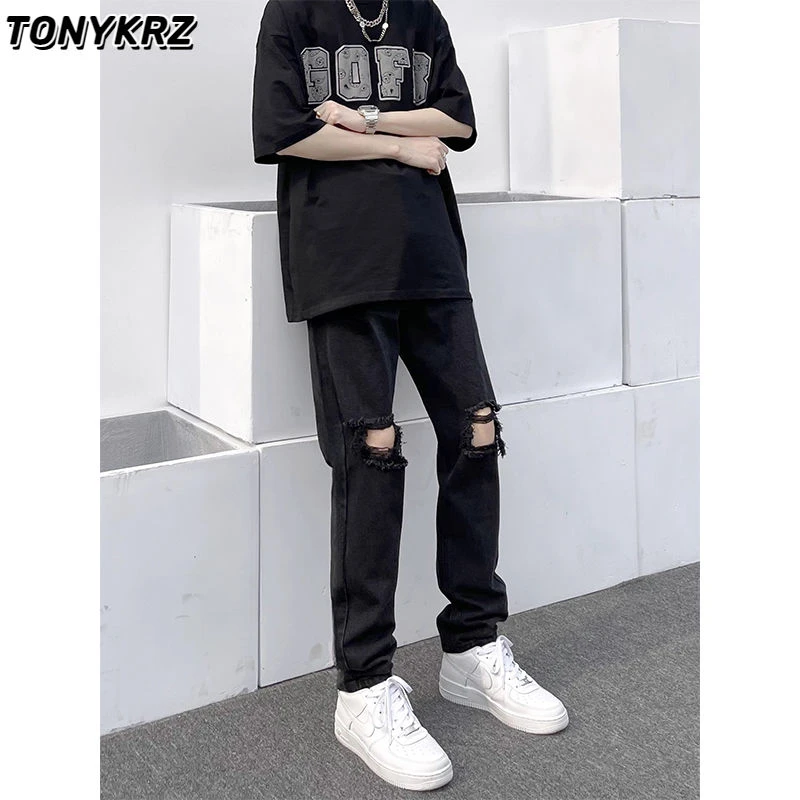 TONYKRZ高街破洞牛仔裤男夏季潮流设计感小众炸街休闲微喇长裤子