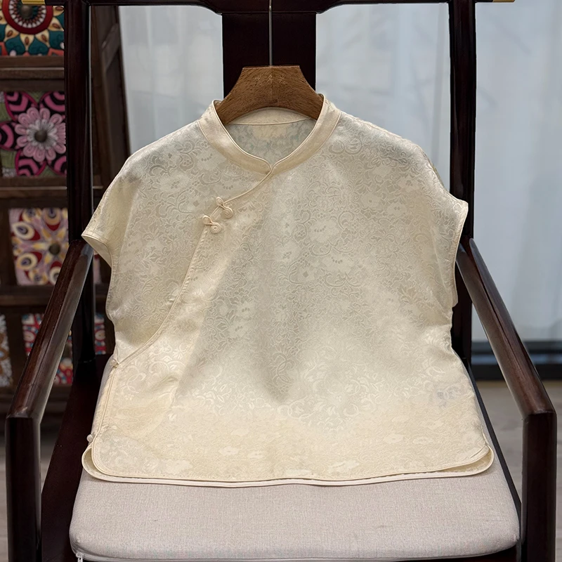 【穹影】新中式桑蚕丝织金花罗提花飞飞袖上衣夏季日常国风简约T恤