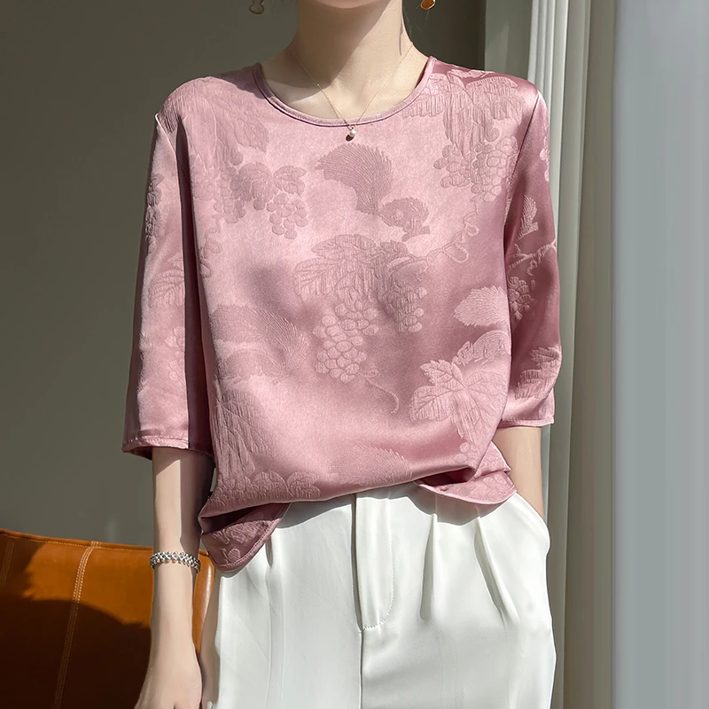 国风提花套头衬衫女新中式印花短袖上衣宽松浮雕中袖圆领