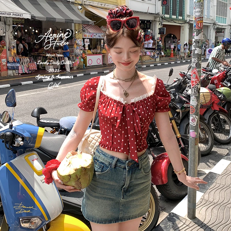 Acaine 美式甜豆 复古牛仔猫咪纹设计感百搭显瘦半裙