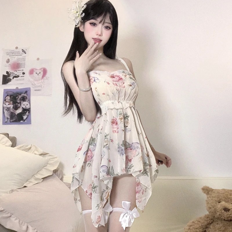 日系不规则复古纯欲性感吊带裙ins风甜美碎花透纱显胸睡裙法式