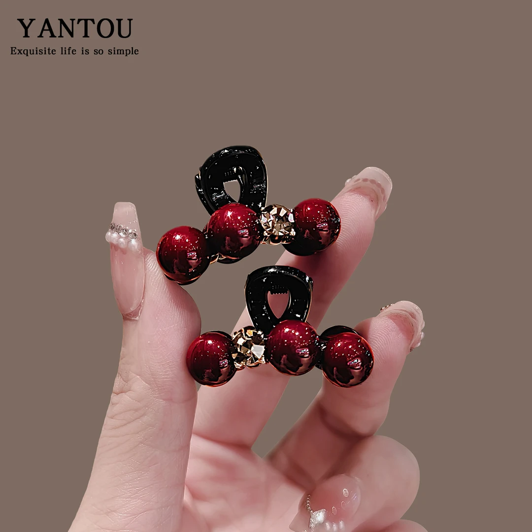 新年红色珠珠水钻小抓夹小号刘海夹公主头迷你发夹前额碎发夹顶夹