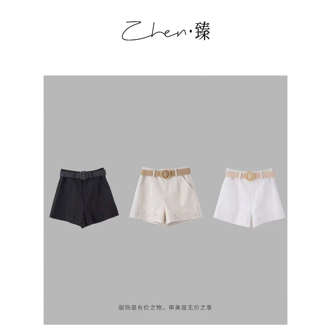 ZHEN.臻 欧货设计师款高腰刺绣蕾丝花纹带腰带天丝短裤DK8002Z