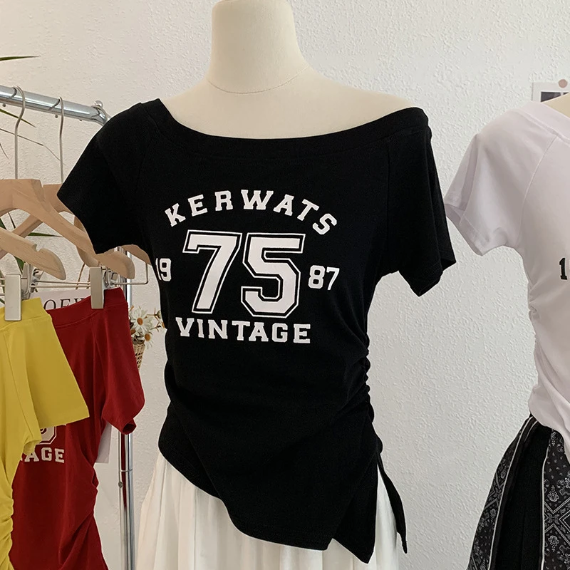 夏季新款一字肩不规则印花字母短袖T恤女短款修身显瘦上衣辣妹风