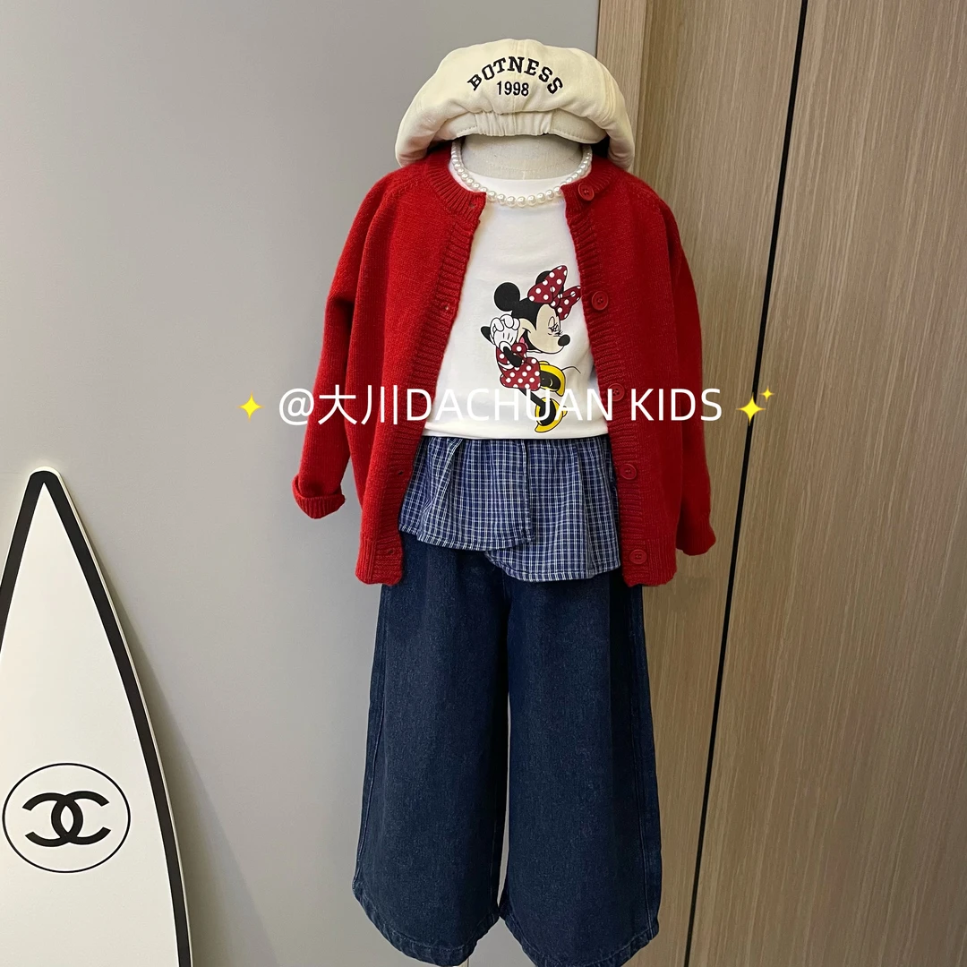 【现货】女童毛衣开衫外套米奇长袖T恤格子花边牛仔屁帘裤三件套潮