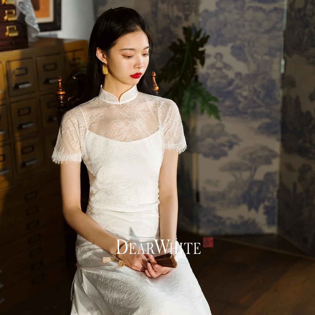 亲爱的白原创《春盏》新中式旗袍蕾丝罩衫订婚迎宾新娘旅拍连衣裙