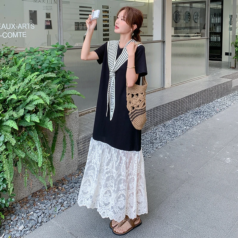 黑色韩版蕾丝拼接条纹披肩连衣裙女2025夏新款宽松纯欲慵懒风女装