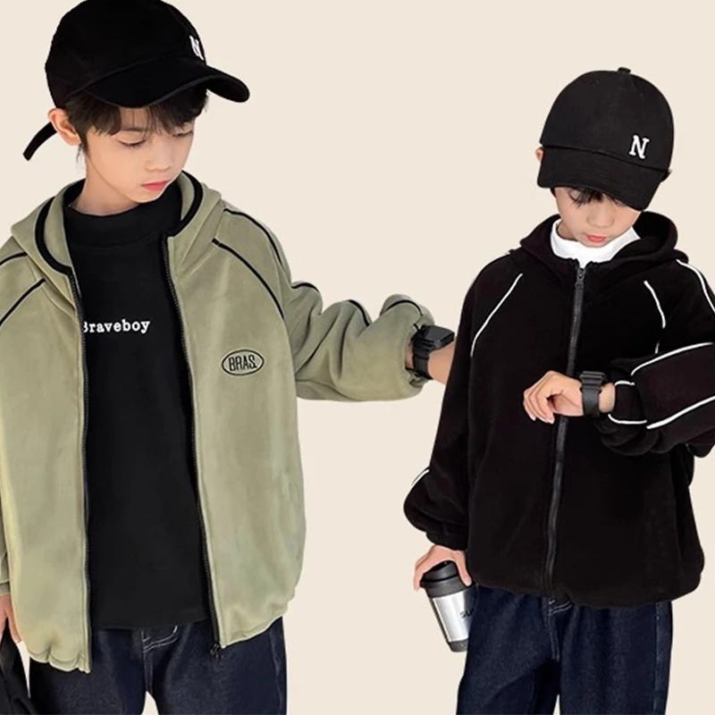 【500克双面奥粒绒】秋冬儿童韩版外套连帽中大童拉链衫加绒男女童