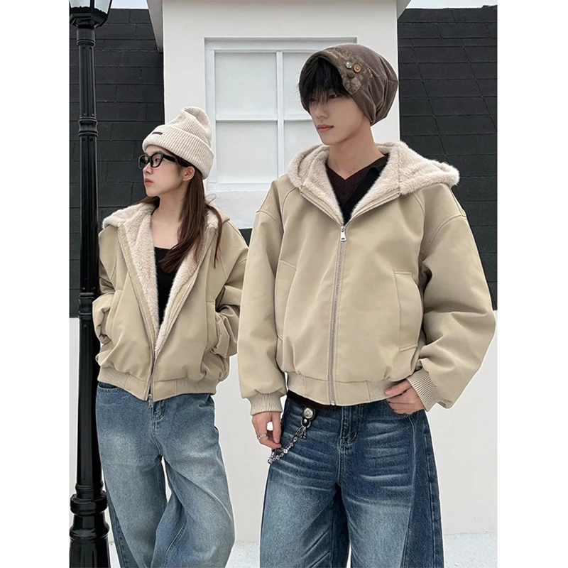 杏色美式座山雕连帽棉衣外套男女冬季高级感加绒加厚保暖夹克棉服