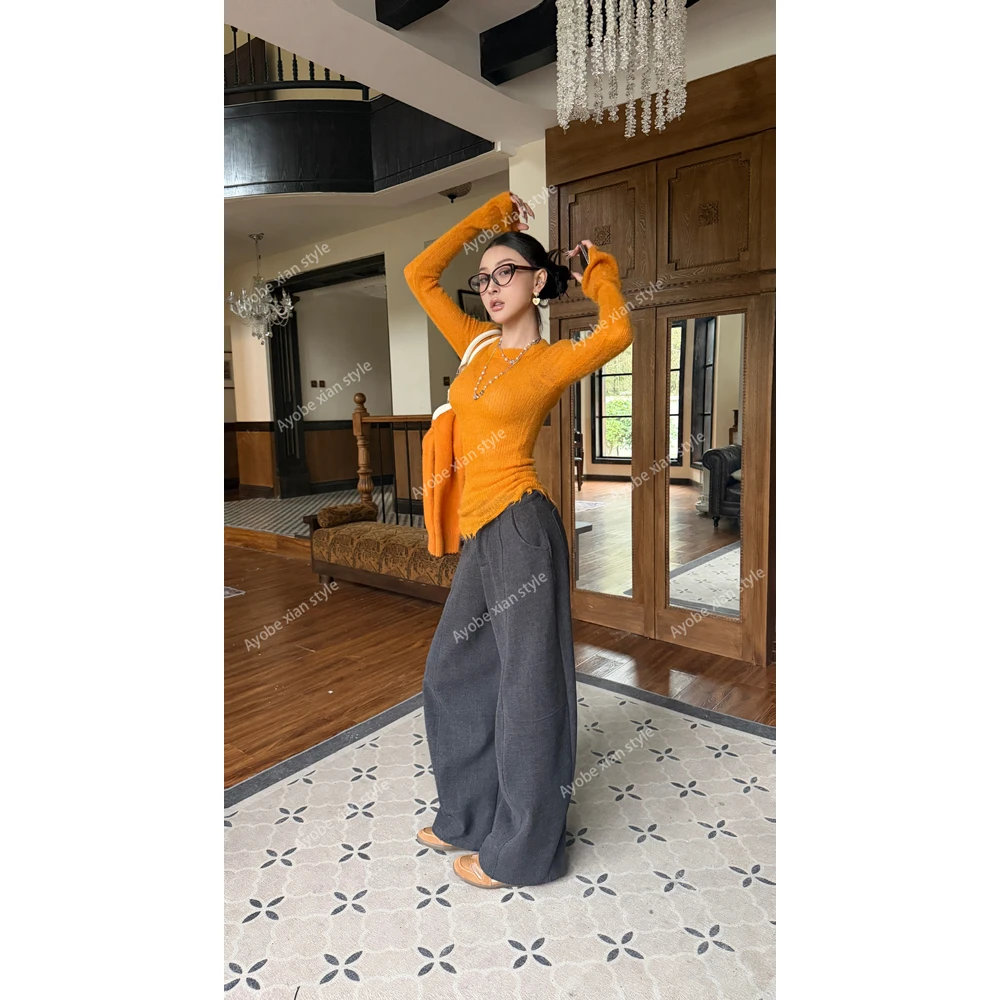 【AYOBE】小贤  复古剪裁廓形加绒弯刀绝绝子显瘦阔腿裤（配腰带）