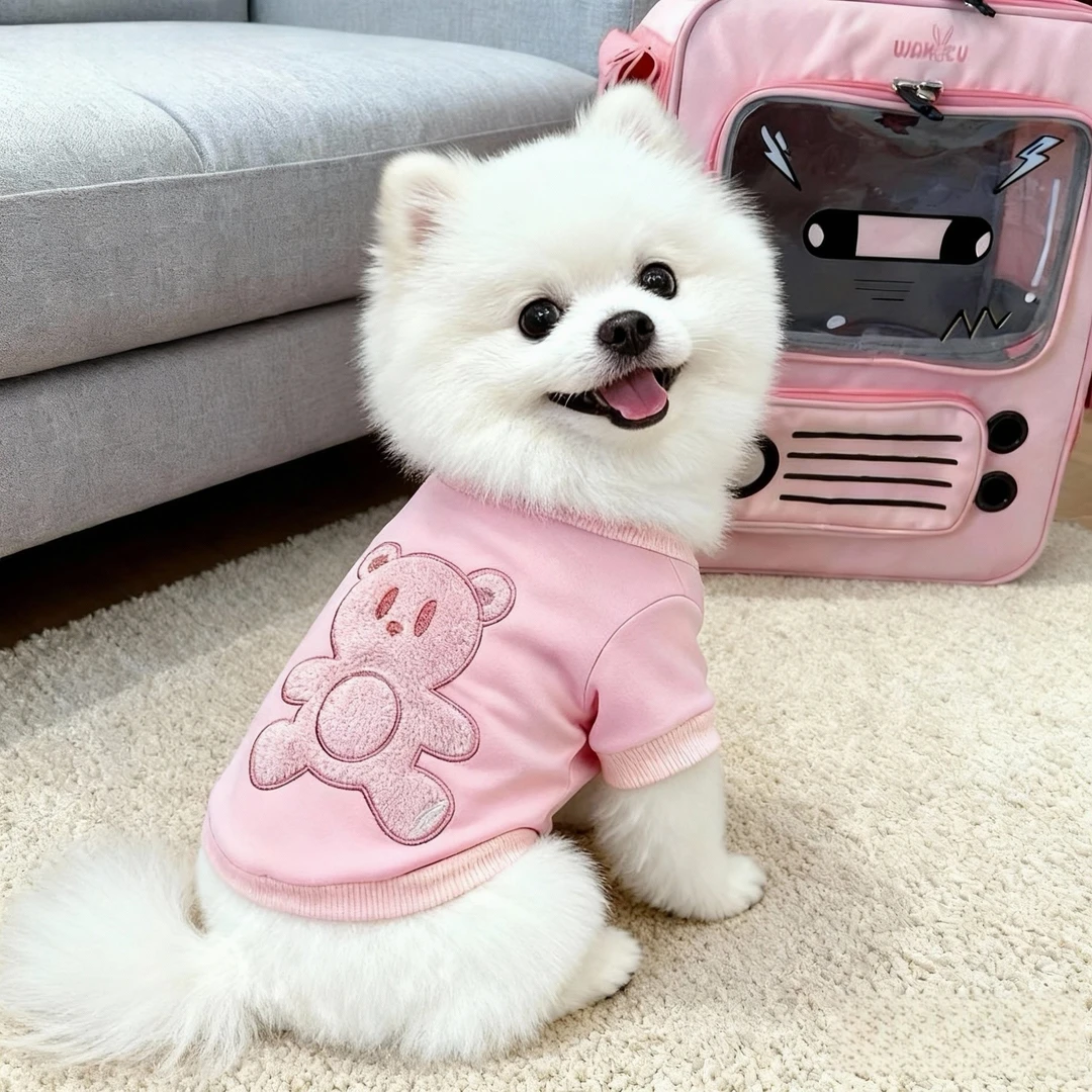 小狗狗秋冬款加绒粉色小熊套头卫衣适合法斗巴哥雪纳瑞泰迪柯基
