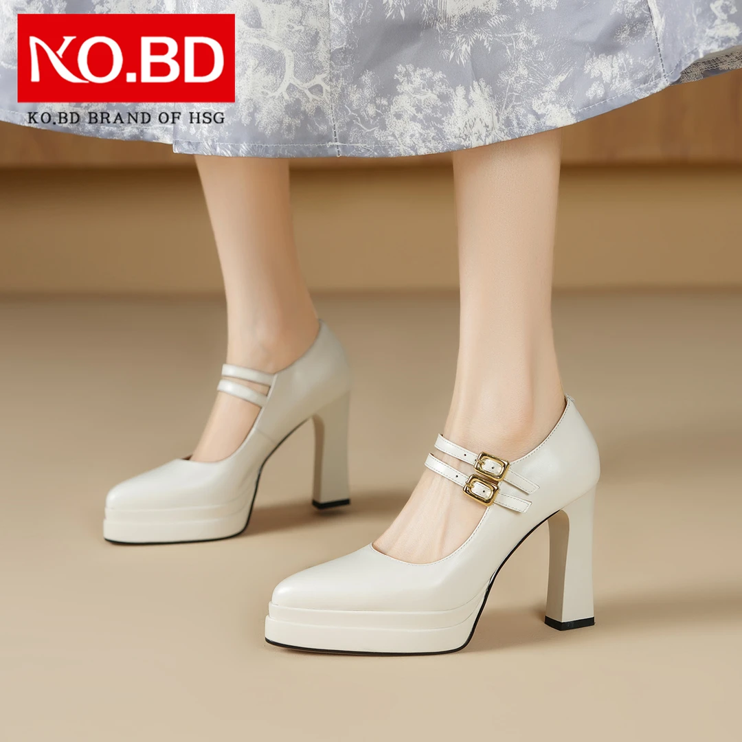 法式尖头玛丽珍高跟鞋女配裙子春季新款真皮一字带粗跟单鞋M033