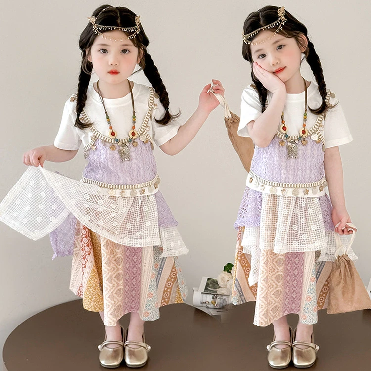 女童民族风波西米亚套装2025新款儿童短袖假两件女孩半身裙两件套