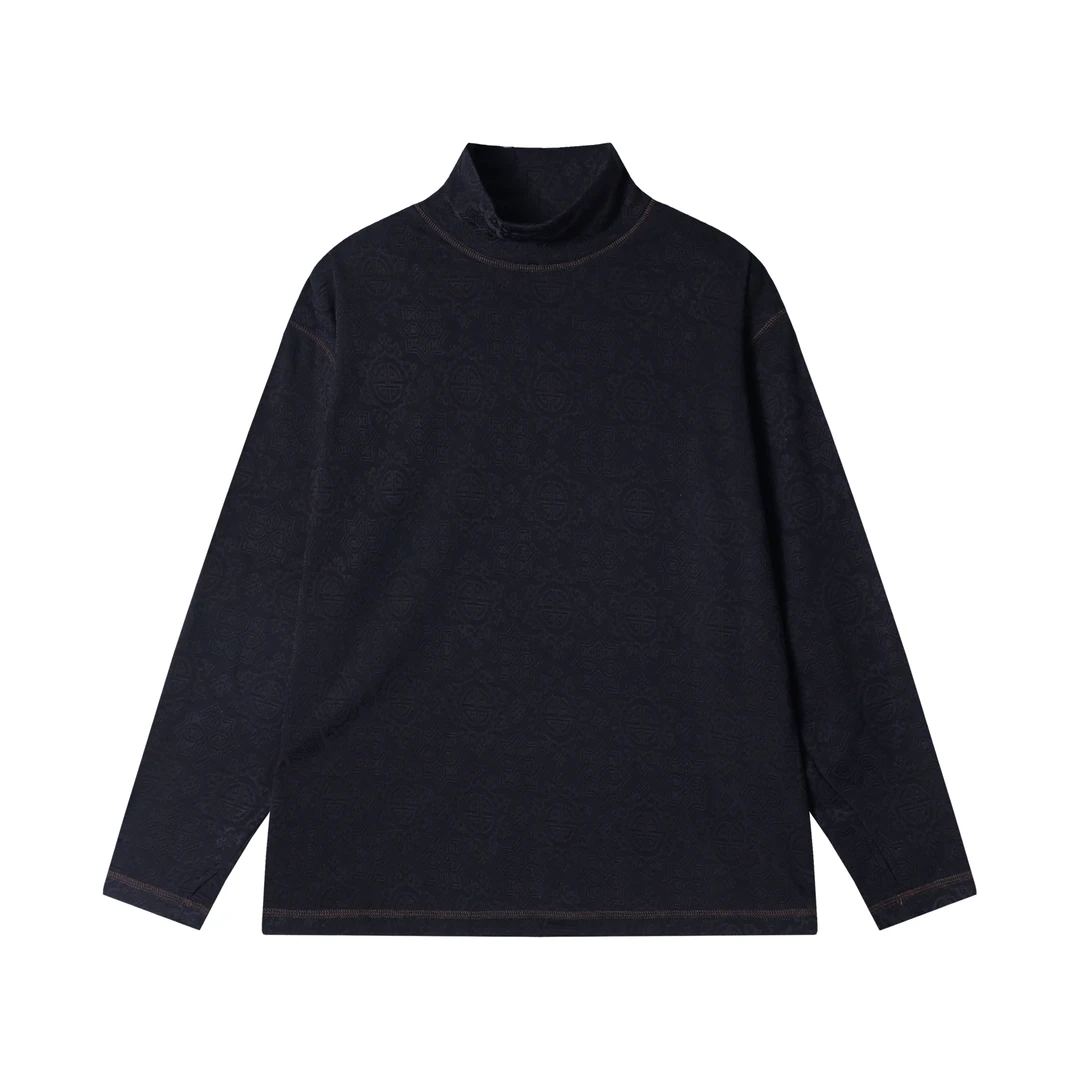 秋冬季新款时尚个性韩版纯色明线提花半高领长袖T恤百搭休闲上衣