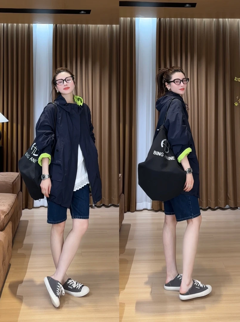 月月不吃鱼2025春夏小众设计极简风撞色连帽冲锋衣外套 2503C1562