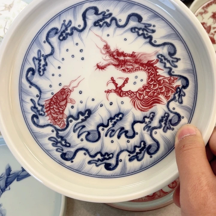 瓷片仿古泥釉里红鱼化龙壶承