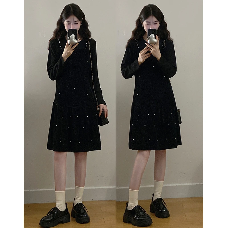 大码胖mm女装法式气质小黑裙时尚减龄金丝绒假两件连衣裙女