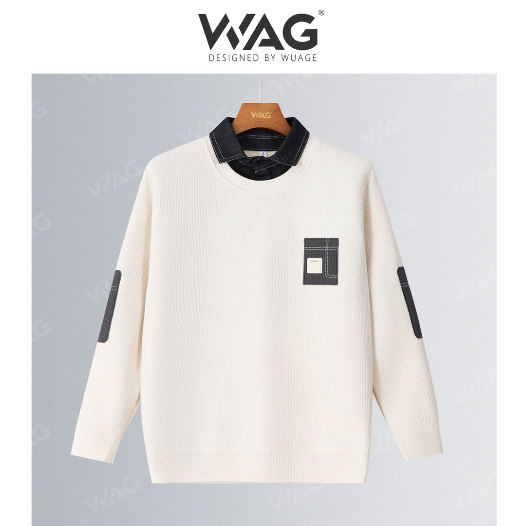 WAG牛仔拼接假两件一体绒毛衣冬新款加绒加厚针织时尚上衣-1011