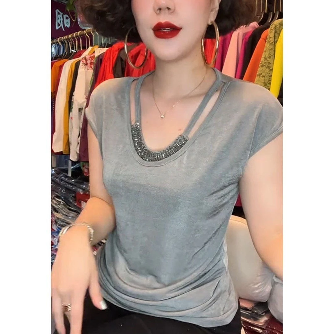 韩版烫钻短袖纯色有弹力拼接T恤辣妹洋气打底衫内搭百搭钉珠
