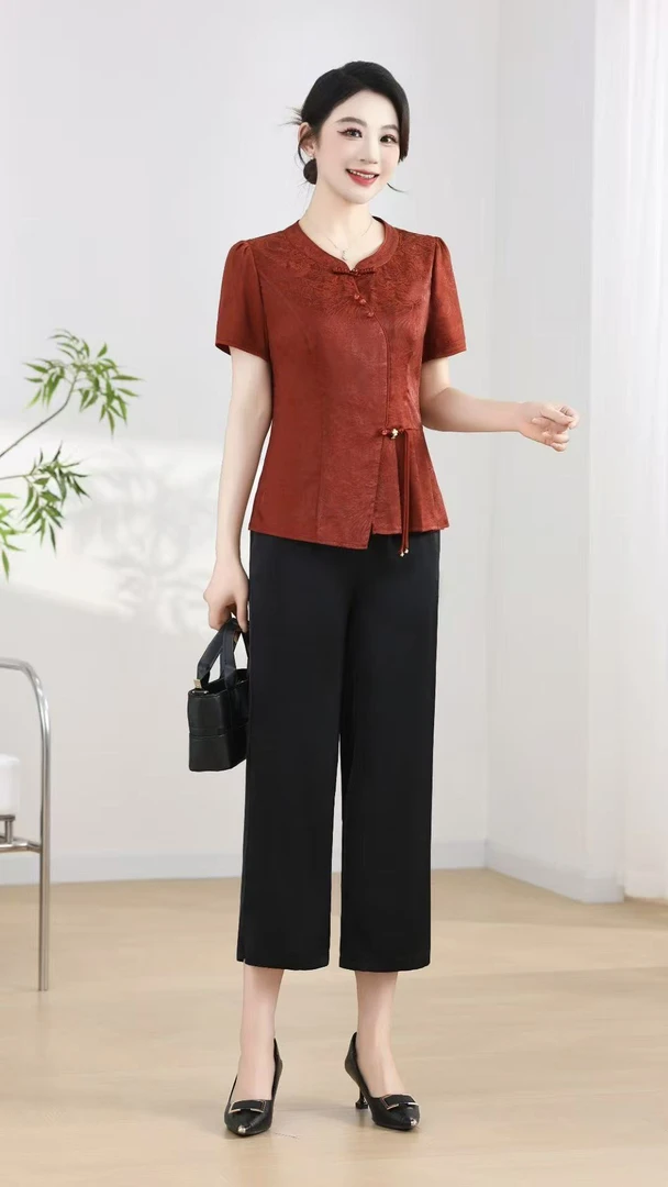 A050夏季新中式洋气国风短袖上衣搭配阔腿裤套装