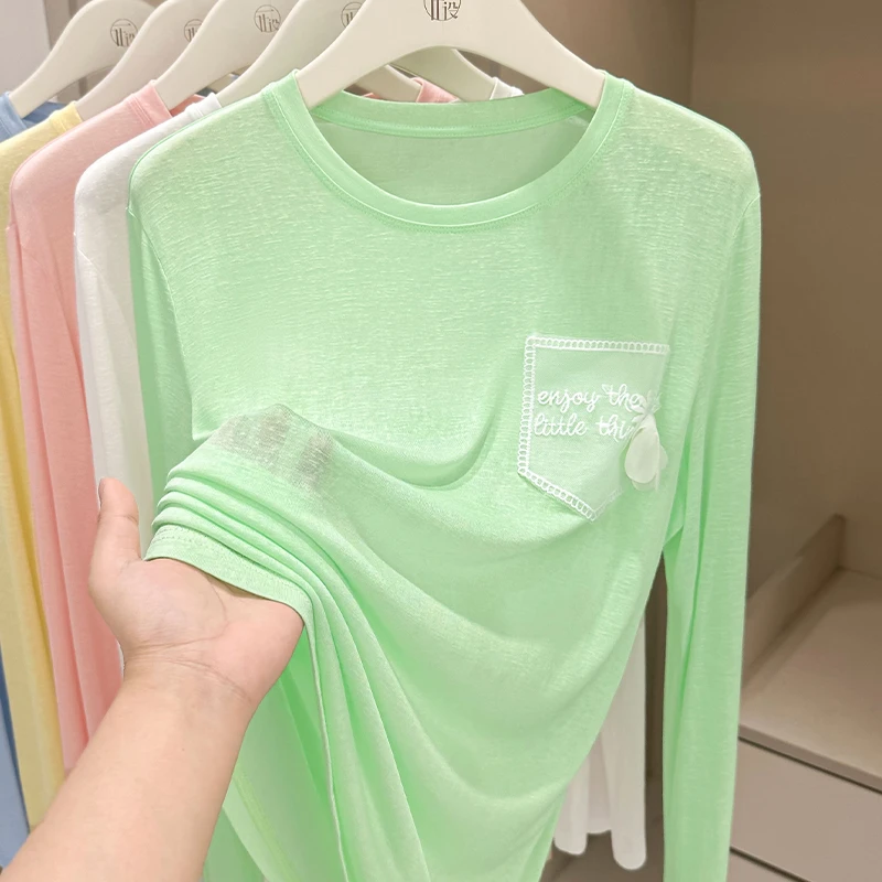 微透多巴胺防晒罩衫女2025新款轻薄雪花棉t恤宽松圆领长袖上衣夏