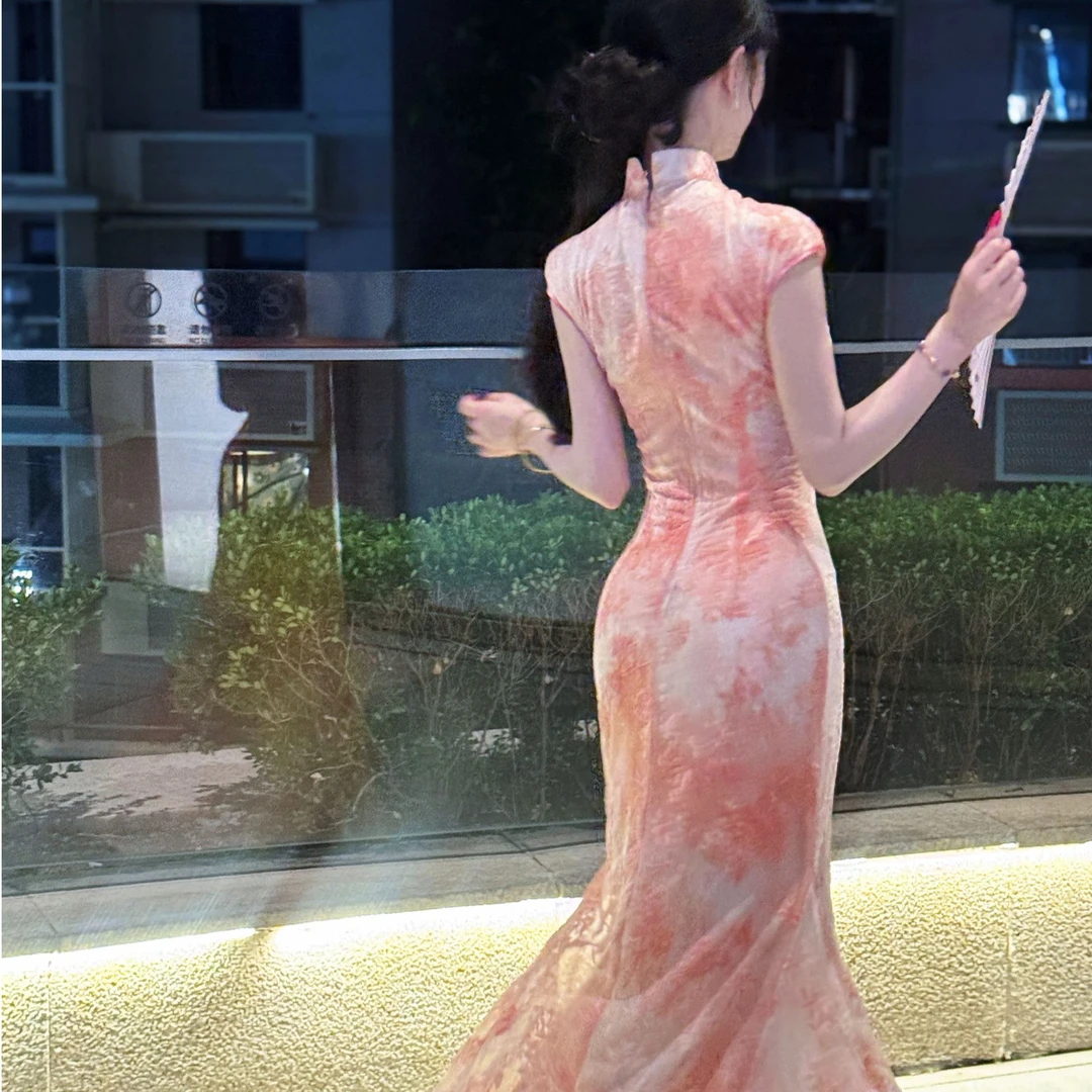 LHMknk1画报夫人原创自制显瘦植绒烧花新中式国风鱼尾裙 红粉夕阳