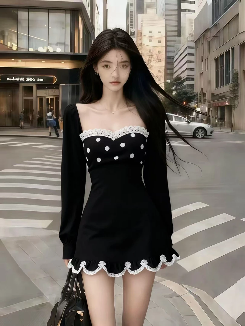 轻奢气质日常通勤优雅御姐风黑色桃心领长袖高腰显瘦百搭连衣裙女