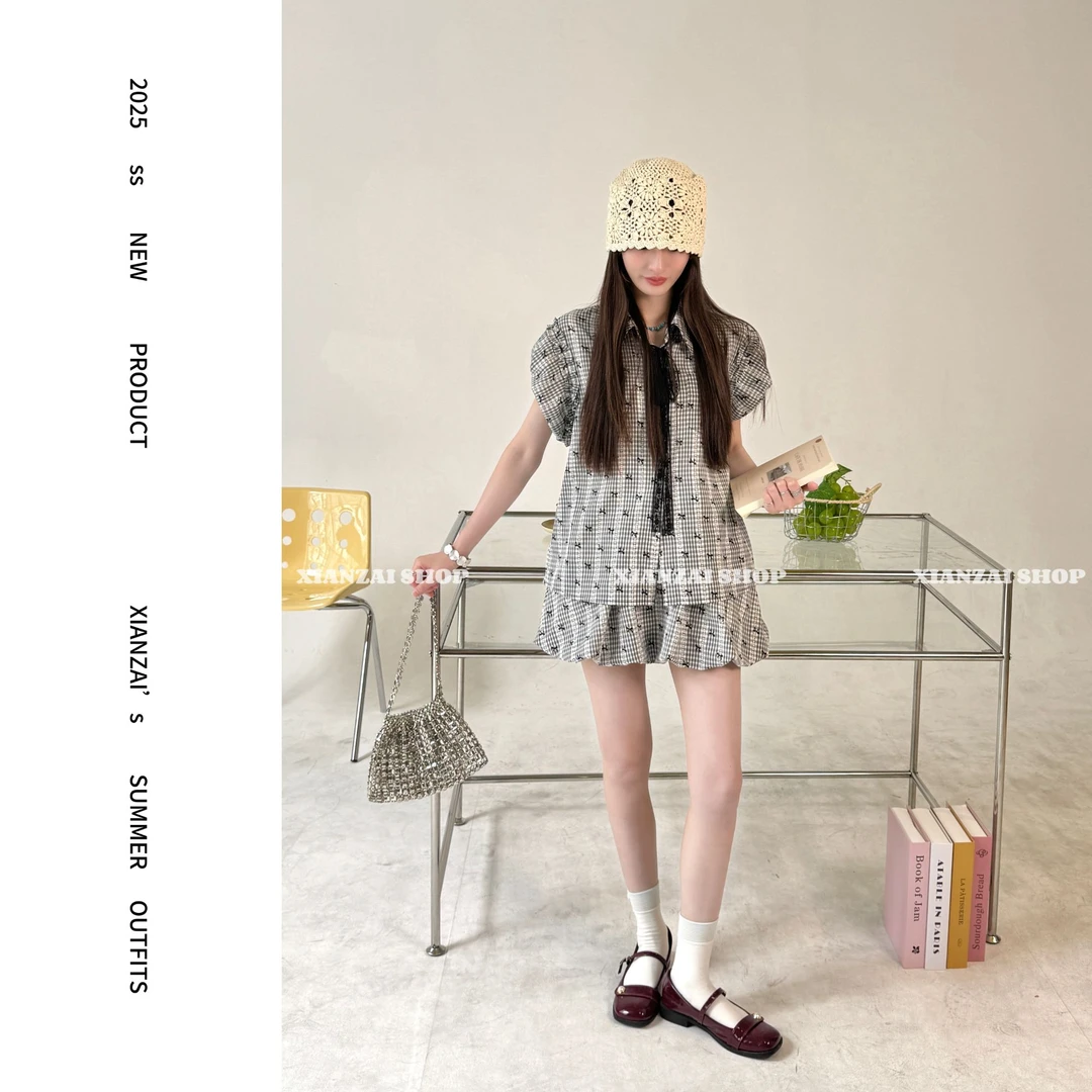 XIANZAI【蕾丝布偶】夏季新款蝴蝶结格子衬衫飘带花苞裙三件套装