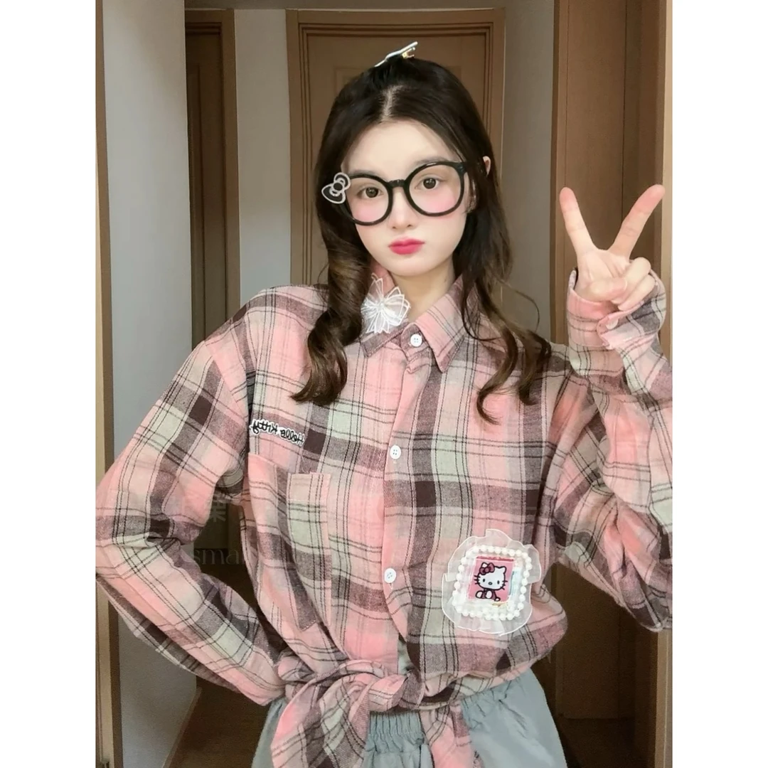 【小板栗自制】纯棉格子衬衣夏季防晒罩衫长袖宽松甜美可爱外穿