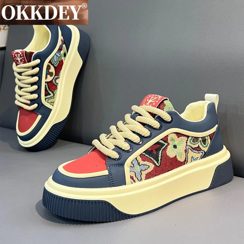 okkdey复古印花板鞋皮面软底增高轻质轻奢时尚休闲男鞋潮流低帮鞋