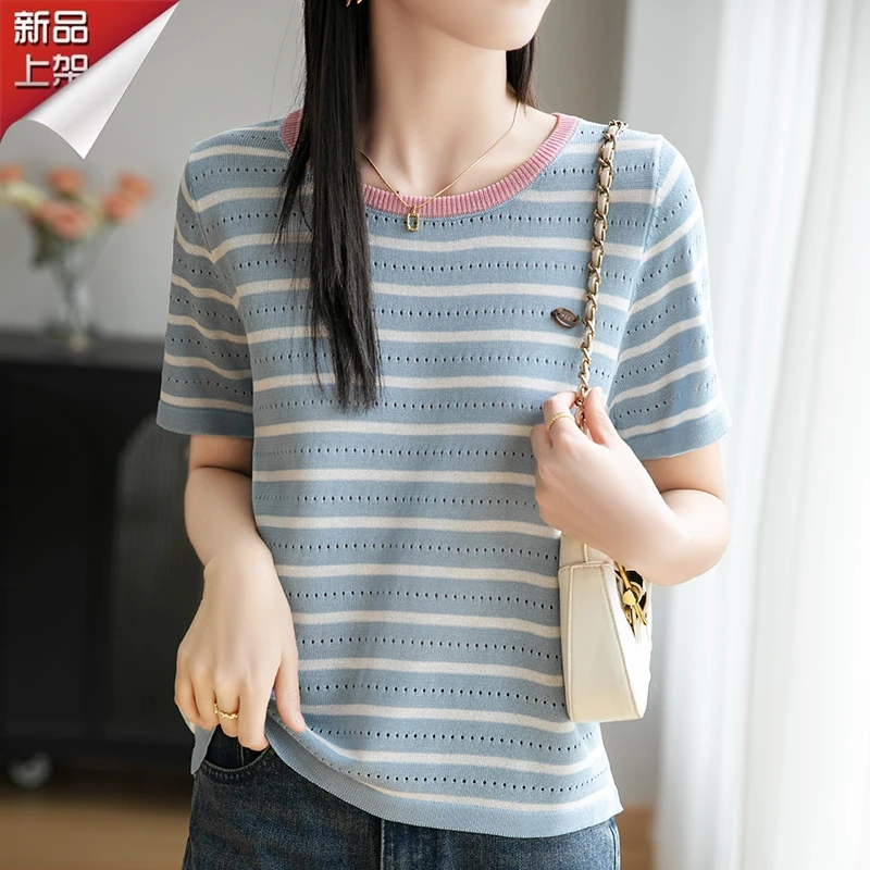 哥弟阿玛施正品夏季天爽亚麻条纹后背开扣短袖圆领拼色宽松显瘦
