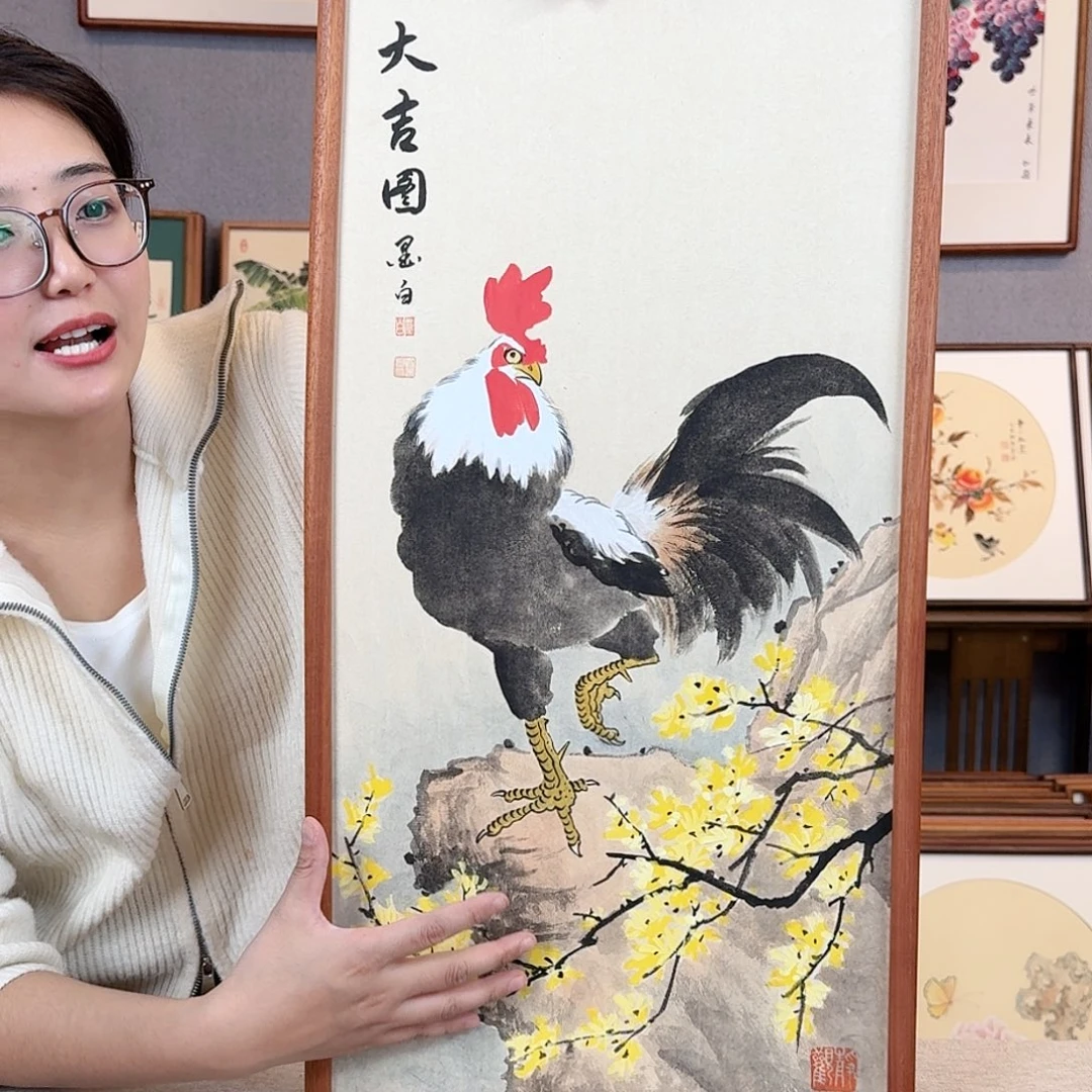 国画纯手绘，纯手写带框尺寸：36×69厘米