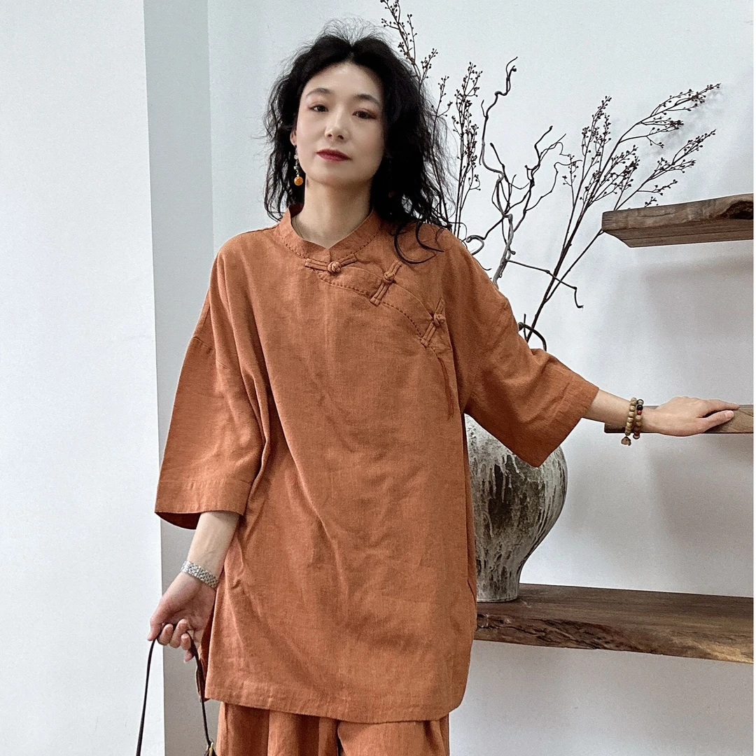 新款时尚宽松复古港风休闲中国风立领中长款复古女装禅意仙气飘飘