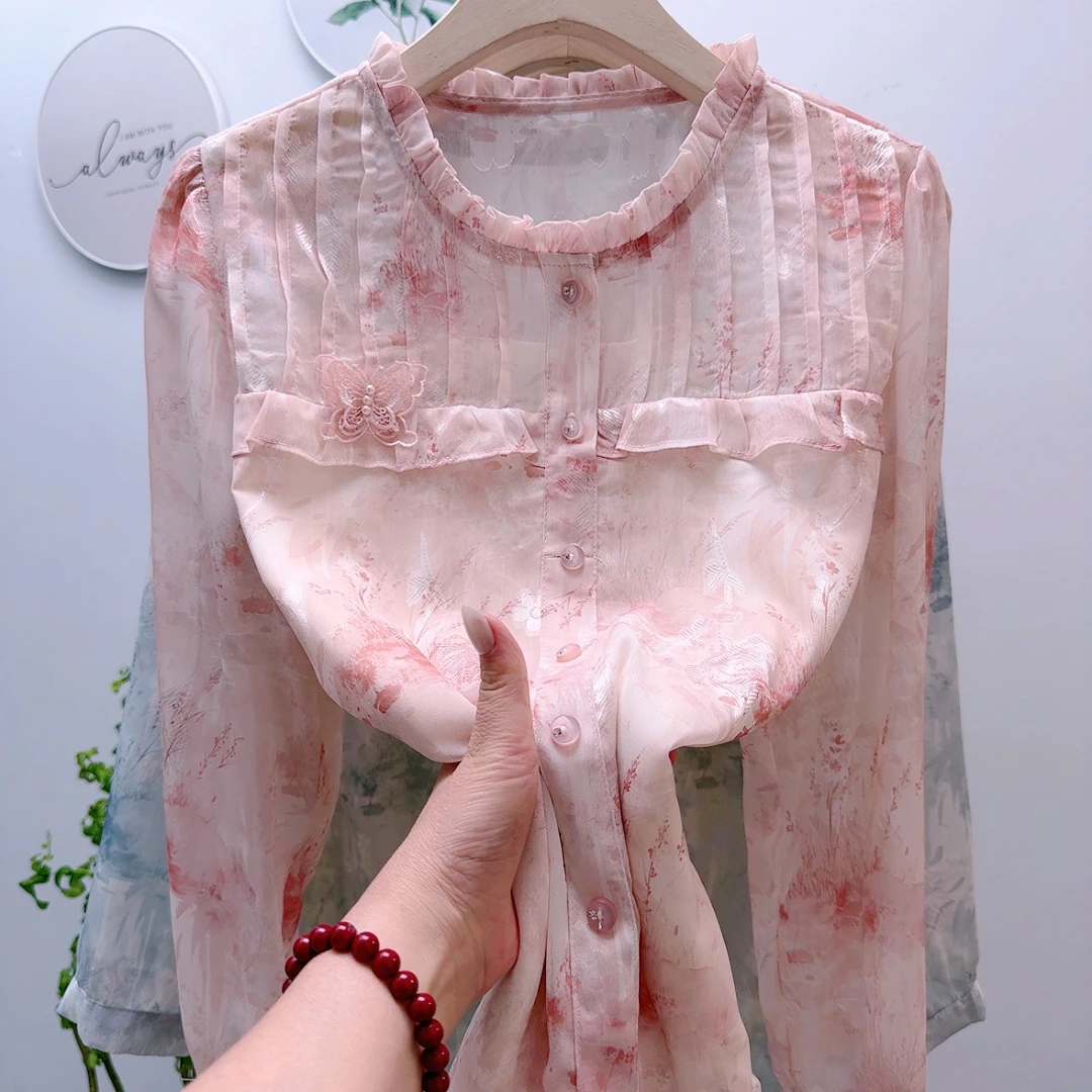 法式气质九分袖雪纺衬衫印花长袖2025春季新款洋气宽松上衣小衫女