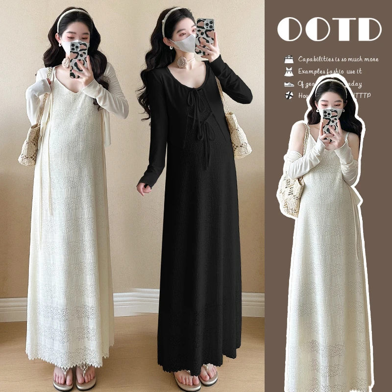 { 糕糕 }孕妇装2025春夏新款薄款绑带开衫长款吊带连衣裙套装