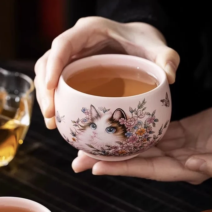 粉汝灵猫罗汉杯个人专用主人杯高档家用茶杯高颜值品茗杯@1125
