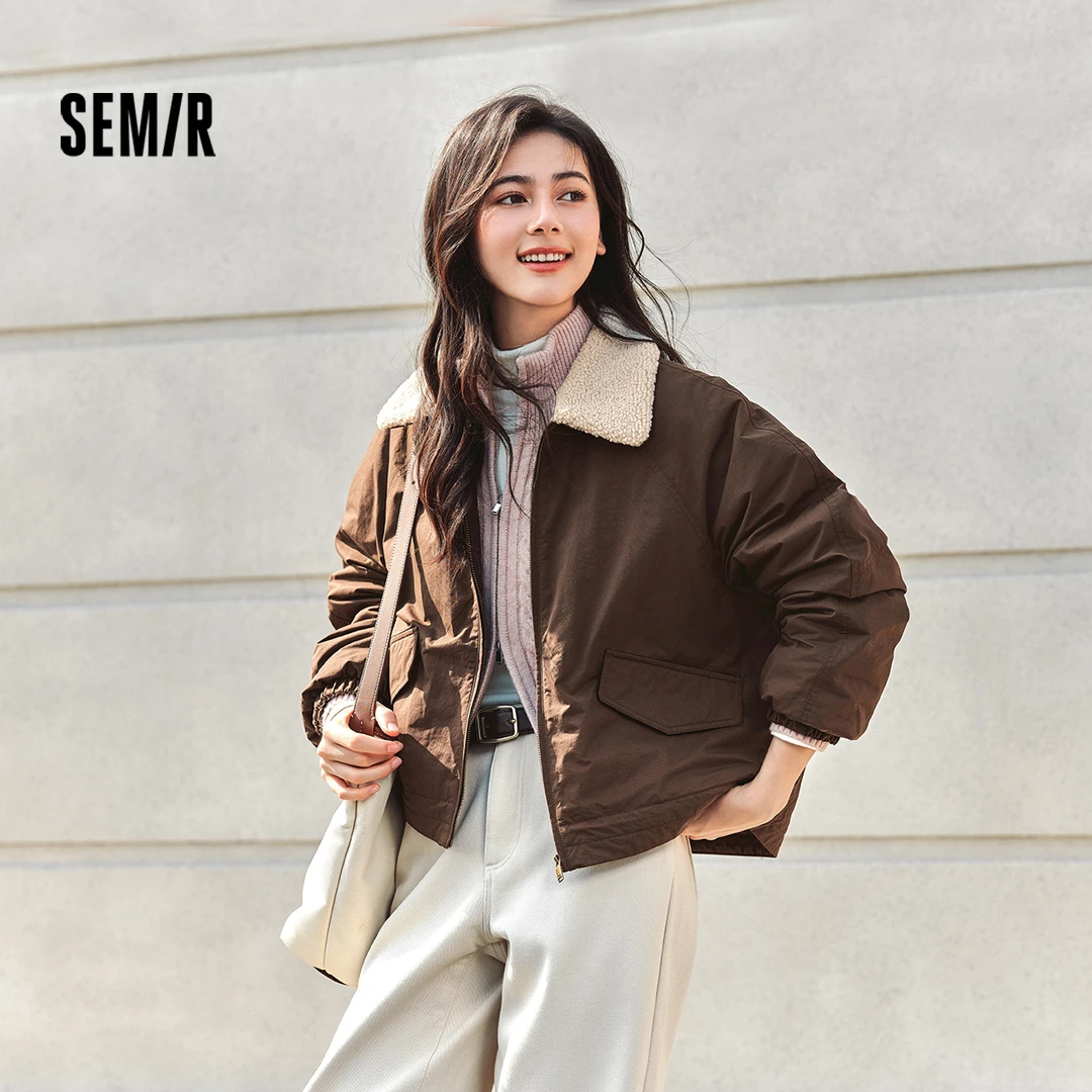 森马外套女oversize插肩袖仿羊羔毛毛领冬季2024新款夹棉夹克复古